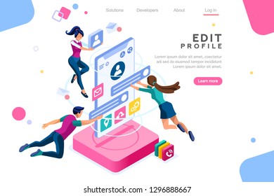 Workspace for workers, interface to build ideas, create mobile profile or customer analysis. Office fly application, data on client teamwork phone. Isometric vector illustration. Landing page concept