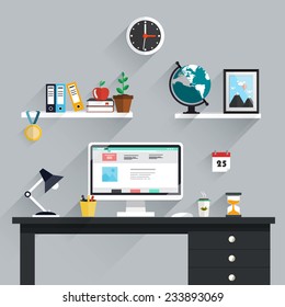 Workspace, workplace icons and elements in minimalistic style and color. Education process. Flat design. Vector