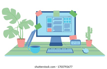 Workspace Workplace Work Room Office Desk Table Interior Illustration. Building, architecture.
