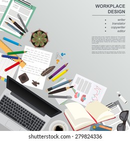 WorkSpace des Autors, Übersetzers, Kopierer, Redakteurs. Lassen Sie sich von der Kreativität eines kreativen Büroworkshops inspirieren. Flaches Design, Vektorgrafik-Muster. Vektorgrafik