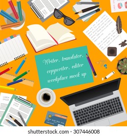 Workspace of the writer, translator, copywriter, editor. Mock up for creating your own modern creative office desktop workshop style. Flat design vector mock up. Vector illustration