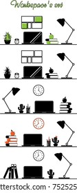 Workspace's set. Flat design of black workplace. Isolated. Vector illustration. Desktop with color accents. Office tools. Equipment  education. Stationary shop. Outline laptop,lamp,frame,book,plant 