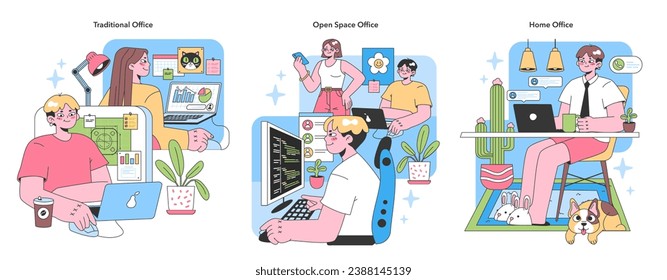 Workspaces set. Traditional desk setup contrasts with lively open space design, while a cozy home office offers remote flexibility. Coffee breaks, collaborative tasks, pet distractions. Flat vector