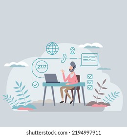 Workstation Of A Call Center Operator, Office Employee. Vector Isometric Illustration. Logo Icon Concept Design. Work Place.Technical Support, Hotline, Bank. Training, Services, Business. Background