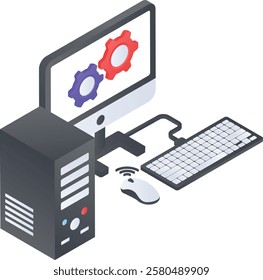 Workstation connected with peripheral devices isometric concept, CPU, Keyboard and mouse vector design, Web hosting service Symbol, Computing machines Sign Internet Application Management illustration