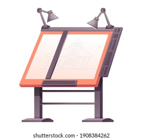 Workstation with graphic design of house on paper in office. Business workplace elements vector illustration. Board with plan of building drawing with lamps on white background.