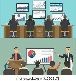 Workstation with a group of workers, web analytics information and development website statistic. Business concept workshop, training.