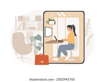 Work-station isolated cartoon vector illustrations. Young girl with laptop at her work station, business activity, smart office, modern and flexible workplace, conference booth vector cartoon.