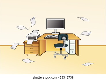 Workstation in the office. Confusion on the computer desk. Vector.