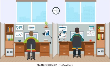 Workstation, office interior with employees. Office space with the workers.