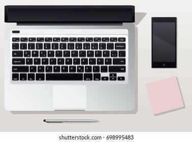 A workstation with an open laptop and phone on a white table. Pen and pencil with a piece of paper. Vector illustration EPS 10