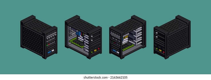 Workstation in pixelart style in isometric projection from four sides. Vector illustration.