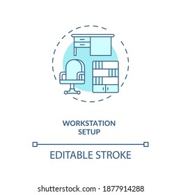 Workstation Setup Concept Icon. Workplace Design Idea Thin Line Illustration. Office Ergonomics. Computer Monitor At Eye Level. Vector Isolated Outline RGB Color Drawing. Editable Stroke