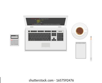 IT workstation. Table top view. Laptop. Notebook computer. Pencil notes. Calculator. Coffee relax working. Isometric realistic illustration. Programming gear. Working setup. Business planning.