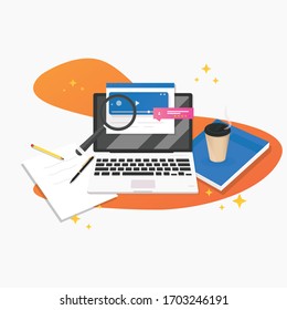 Workstation, Website, Laptop, Paper, Pen, Coffee Cup, Social Media, and Book Vector Illustration