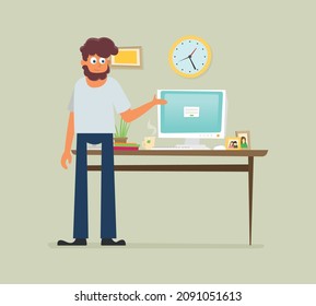 Workstation with young man, flat design