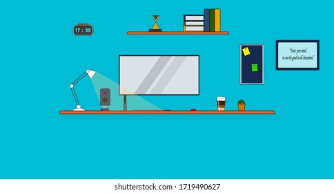 Workstation.Flat design vector illustration of modern home office interior with desktop