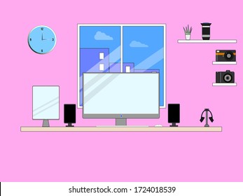 Workstation.Flat design vector illustration of modern home office interior with desktop,camera,tab and headset