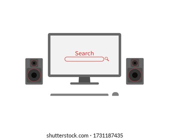 Worktable computer monitor with speakers and search in flat, vector