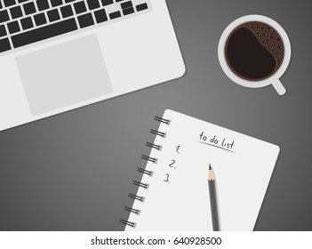 Worktable top view with laptop, coffee and to do list, notebook with pencil, black coffee, keyboard, vector illustration of office desk, business concept