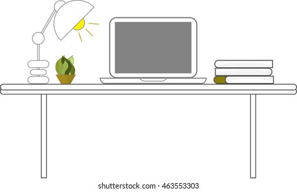 work-table in vector, computer, night light, books and flower in a pot