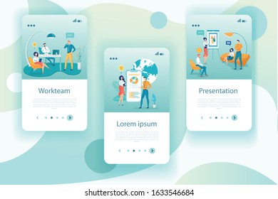 Workteam and Business Creative and Productive Staff Set. Business People Cartoon Characters Hard Working with High Entrepreneurial Activity and Advertising their Services. Flat Vector Illustration.