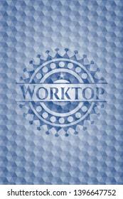 Worktop blue emblem with geometric background. Vector Illustration. Detailed.