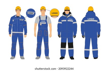 Workwear Branding. Blanks For Corporate Identity. Blue And Gray Colors. Man In Winter Jacket And Overalls