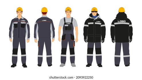 Workwear branding. Blanks for corporate identity. Black and gray colors. A man in a winter jacket and overalls