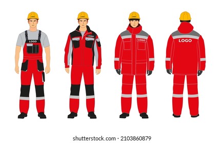 Workwear branding. Blanks for corporate identity. Red and gray colors. A man in a winter jacket and overalls