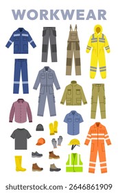 Workwear clothes and shoes. Industrial worker outfit. Work jacket, cargo pants with knee patches, coverall with reflective stripes, overall with pockets, rubber boots, safety helmet, protective gloves