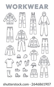 Workwear clothes and shoes line icons. Industrial worker outfit. Work jacket, cargo pants with knee patches, coverall with reflective stripes, overall with pockets, rubber boots, safety helmet, gloves