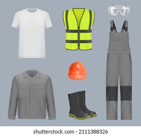 Workwear. Industry realistic uniform workers pants helmet boots and jacket industrial clothes with reflection light decent vector illustrations