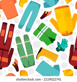 Workwear pattern. Fashioned textile design template with different uniform clothes jackets pants and suits garish vector seamless background
