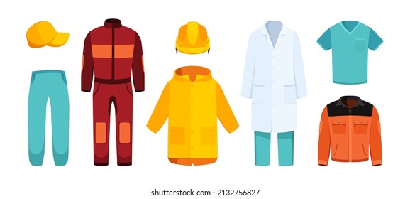 Workwear. Professional clothes uniformed personal security equipment comfortable pants and jackets plumber helmets courier suit garish vector collection of modern workwear