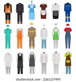 Workwear uniform collection. Doctor, chief cook, maid, waiter, builder and construction workers professional garments cartoon vector illustration