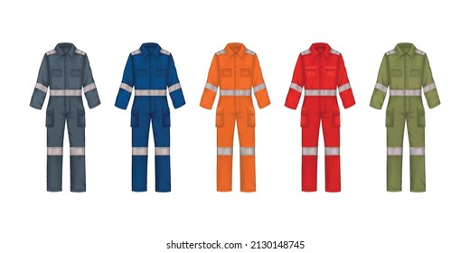 Workwear uniform realistic set with five isolated images of overall suits with luminous stripes for workers vector illustration