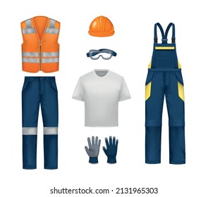 Workwear uniform realistic set with isolated icons of overall orange vest trousers protective gloves and eyeglasses vector illustration