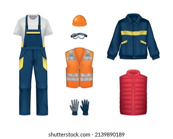 Workwear uniform realistic set with isolated images of luminous vest overall shirt gloves and hard hat vector illustration