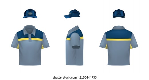 Workwear Uniform Realistic Set With Three Isolated Views Of Cap And T-shirt From Different Angles Vector Illustration