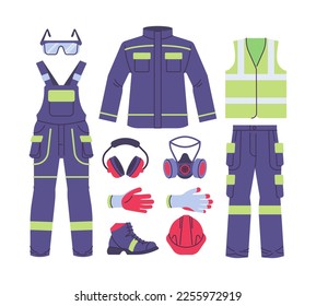 Workwear uniform vector illustration. Industrial work uniform, safety vest, protective glasses, gloves, respirator mask, ear muffs, overall suit, boots. Flat style design. Colorful graphics