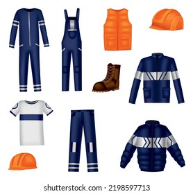 Workwear uniform and worker clothes, safety jackets and overall vests. Work wear clothing suits and outfit garments for construction and builders, hardhat helmet and pants mockups