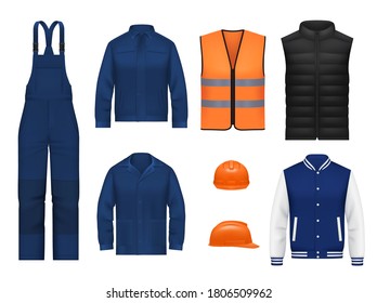 Workwear uniform and worker clothes, vector realistic safety jackets and overall vests. Work wear clothing suits and outfit garments for construction and builders, hardhat helmet and pants mockups