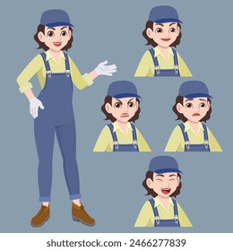 workwoman in jumpsuit standing with set of face expression of happy, angry, sad, and laugh