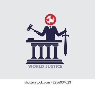 WORL JUSTICE FAKE LOGO, silhouette of globe and blade law vector illustrations