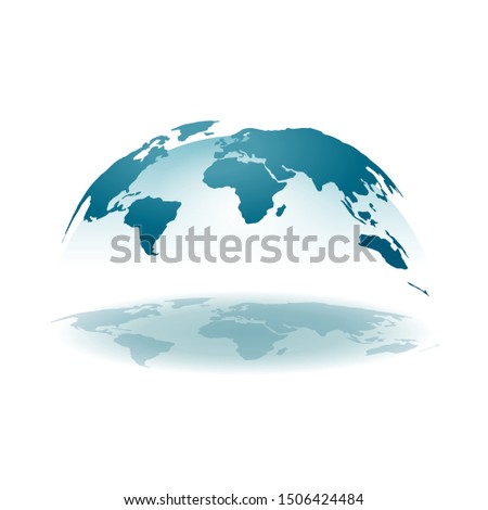 Worl map 3D - spherical projection of earth continets with transparent hemisphere and reflection shadow - isolated vector icon or infographics element