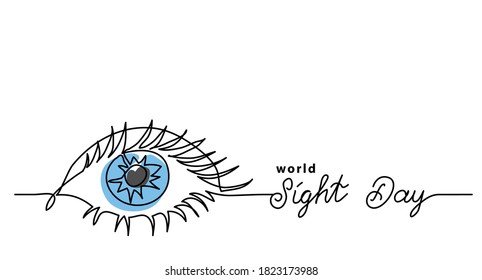 Worlad sight day minimalist web banner, background, poster. One continuous line drawing of eye with text Sight Day.