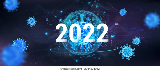 The world of 2022 is fighting the coronavirus (covid-19) pandemic. Hologram earth globe with virus molecules flying nearby. Protracted Pandemic Concept covid-19. Coronavirus in new 2022 year. Vector