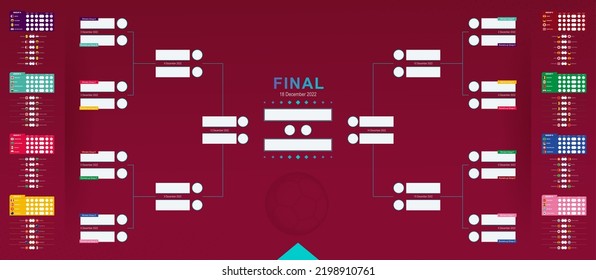 World 2022 match schedule, soccer results table with flags of participants. Tournament bracket  in horizontal design. Vector illustration.