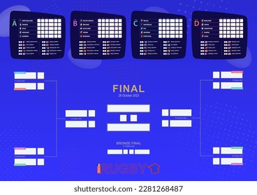 World 2023 match schedule, Rugby tournament results table with flags of participants. Vector bracket.